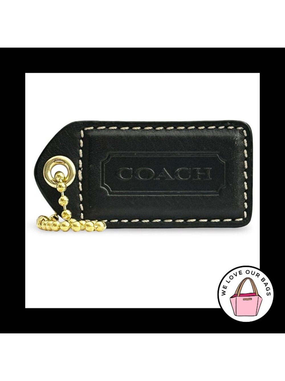 COACH Y2K VINTAGE Hang Tag 2.5" Black Leather Bag Charm Keychain Fob Brass Large